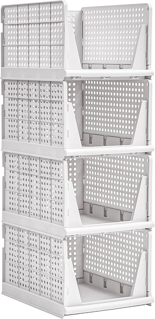 VECELO 4 Pack Plastic Closet Shelf Organizer, Stackable Sweater Storage Closet Drawers, Foldable Wardrobe Organizer, Easy Assembly, Durable and Space Saving for Closet, Bathroom, Kitchen, Gray
