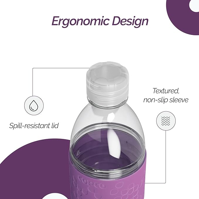 Copco Hydra Water Bottle with Spill-Resistant Lid, 16.9 oz (Set of 2) - Reusable Tritan Non-Slip Sleeve, Twist-Open Body - BPA-Free, Leak-Proof, Durable & Portable for Gym, Office, School (Purple)