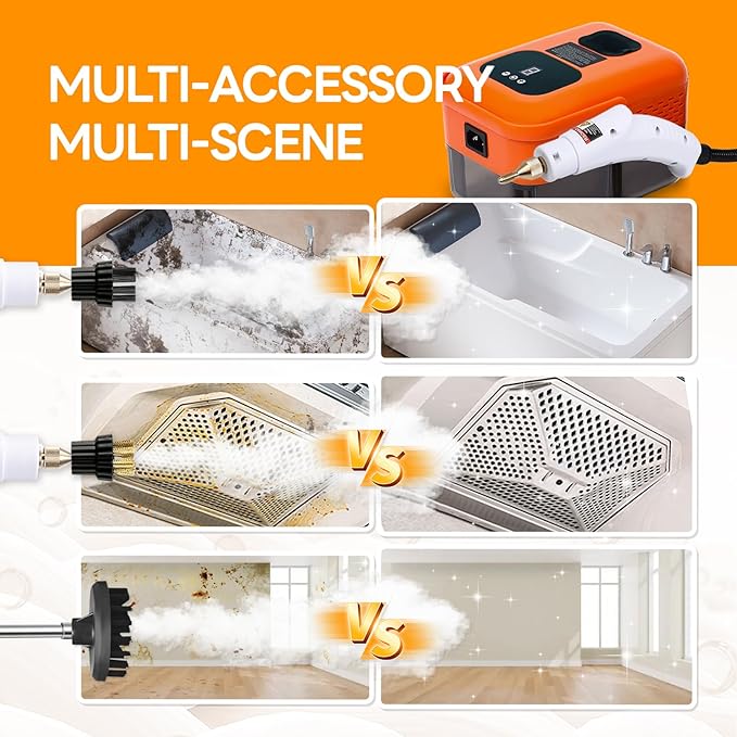 Heavy Duty Handheld Steam Cleaner, 15s Heat-Up, 9-Level Adjustable 2500W Pressurized Steamer for Cleaning with 14 Accessories, Multipurpose Portable Steam Cleanr for Home, Car, Grease, Grout（Orange）