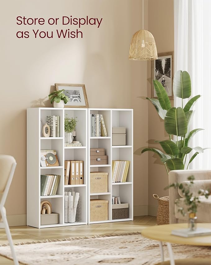 VASAGLE Bookcase, Bookshelf with 7 Compartments, Freestanding Shelves and Cube Organizer, for Display in Living Room, Bedroom, and Home Office, Cloud White ULBC27WT
