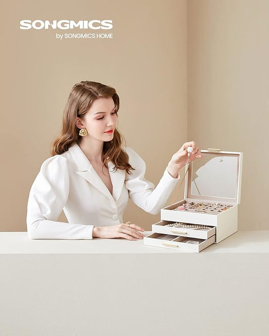 SONGMICS GISELLA Collection - Jewelry Box Organizer, 3-Layer Jewelry Storage with 2 Drawers, Shiny Metal Hardware, Glass Lid, Modern, 8 x 9.1 x 5.3 Inches, Cloud White and Gold Color UJBC239WT