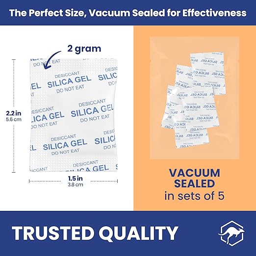 Wallaby 2 gram (50 Packets) Food Safe Pure White Silica Gel Desiccant Dehumidifier Packs - Rechargeable & Coated Moisture Absorbers - Protects Against Moisture Damage - (Packed in 10x Sets of 5)