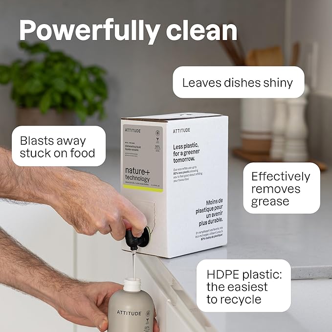 ATTITUDE Dish Soap, Infused with Essential Oils, Plant-Based Ingredients, EWG Verified, Great for Clean and Sparkling Dishes, Vegan Dishwashing Liquid, Geranium & Lemongrass, 488 mL