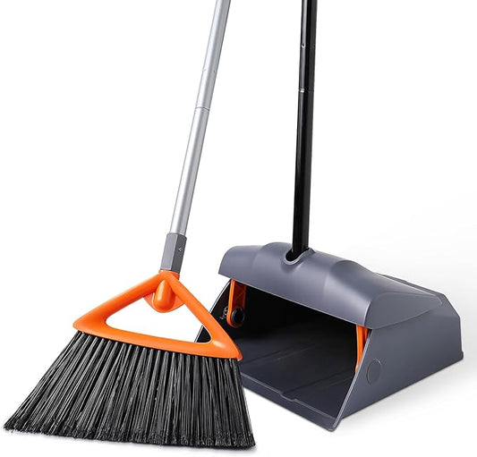 Heavy Duty Broom with Dustpan Combo Set Indoor and Outdoor Dual Purpose,Stiff Bristle Commercial Angle Broom and Standing Dust Pans with Long Handle for Sweeping Home,Kitchen,Yard,Grey