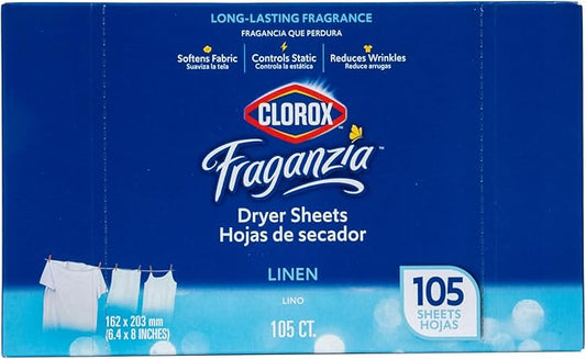 Clorox Fraganzia Fabric Softener Dryer Sheets, Linen Scent - Wrinkle Reducing Scented Softening Laundry Dryer Sheets for Great Smelling Clothes, 105 Count