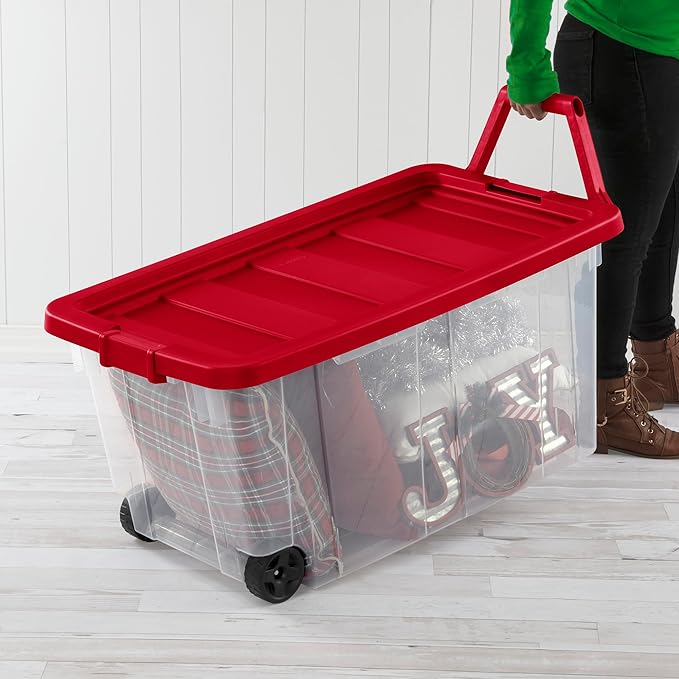 Sterilite 4 Pack Wheeled Storage Box, Large Clear Plastic Container, Durable Home Organizer with Red Lid and Rotating Handle, 160 Quart