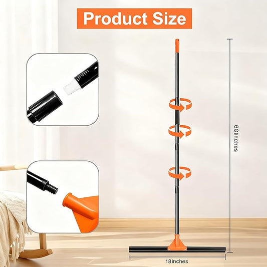 Heavy Duty Floor Squeegee with Long Handle, 18" Rubber Wiper Broom for Concrete Tile Cleaning Commercial Scrubber Mop for Garage Deck Bathroom Kitchen Pool Glass