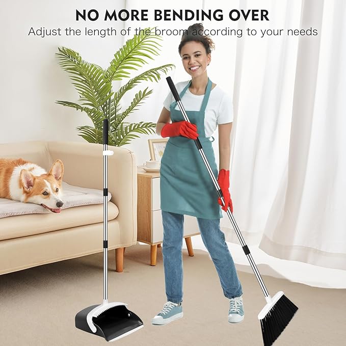 Broom and Dustpan Set, 55-in Long Adjustable Handle Broom with Dustpan Combo Set with Dustpans Teeth to Automatically Clean Hair Suitable for Home Kitchen Office Hall Lobby, Large(Black&White)