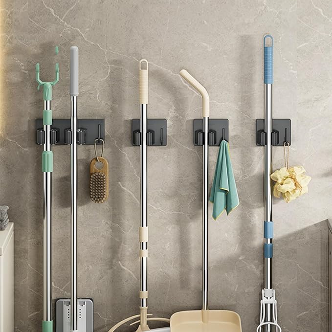 Wall Mounted Mop Holder Stainless Steel Mop and Broom Holder Self Free Brush Holder with Hanger Hook Kitchen Tool Mop Hanger Hook Adjustable Mop Holder Stainless Steel Hooks