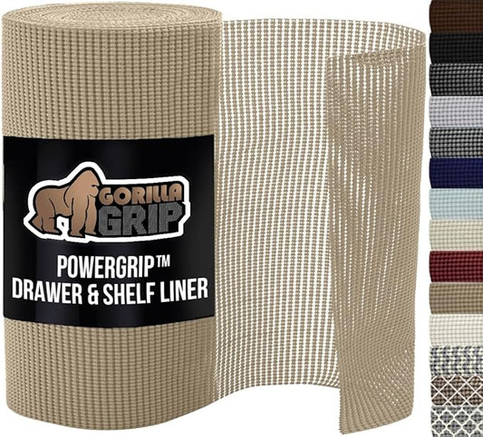 GORILLA GRIP powerGRIP Drawer Shelf and Cabinet Liner, Thick Strong Hold, Non-Adhesive Liners Protect Kitchen Cabinets and Cupboard, Bathroom Drawers, Easy Install, Breathable Mat, 17.5" x30', Beige
