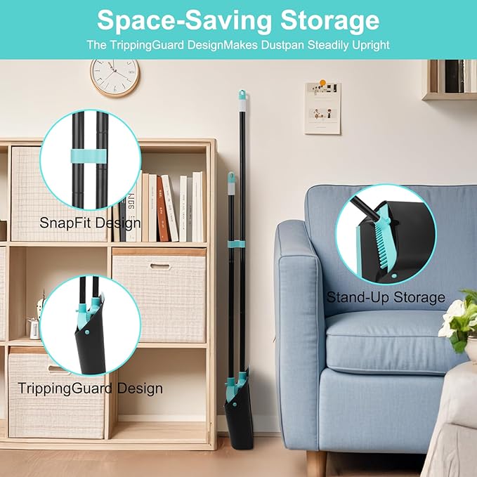 Upgrade Broom and Dustpan Combo Set, Extendable 52" Long Handle Broom for Easy Sweeping, Self-Cleaning Dust pan Teeth for Pet Hair, Perfect for Home, Kitchen, and Office