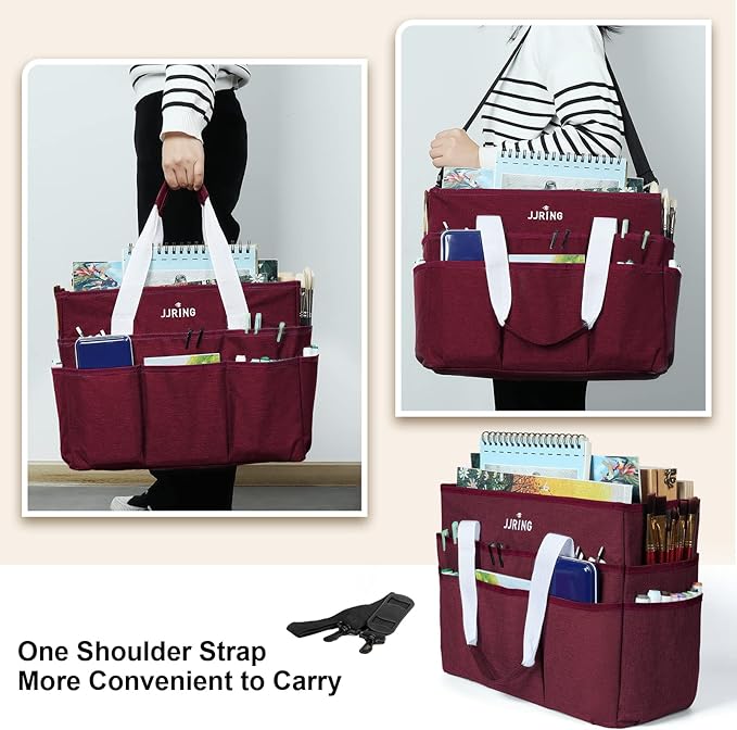 JJRING Craft Organizer Tote Bag, Large Art Storage Caddy with Multiple Pockets, Dark Red Sewing Bag for Art, Craft, Scrapbooking, Medical, and Office Supplies Storage
