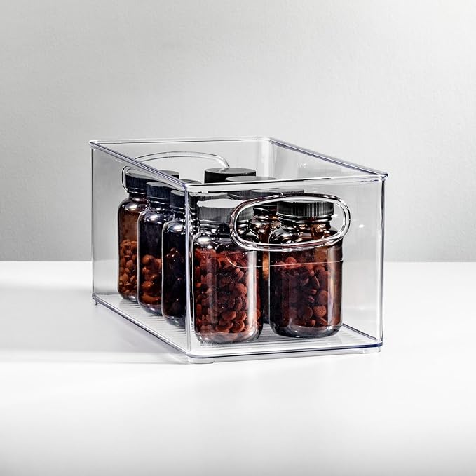 mDesign Plastic Storage Organizer Wide Container Bin with Handles for Bathroom, Home Organization - Holds Vitamins, Supplements, Makeup, Styling Tools - Ligne Collection - 2 Pack - Clear
