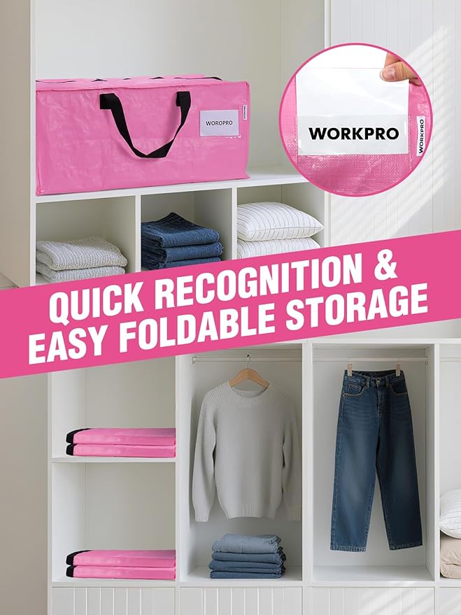 WORKPRO 8 Pack Extra Large Moving Bags with Zippers & Carrying Handles Backpack Straps, Heavy-Duty Storage Tote for Space Saving Moving Storage (Pink)