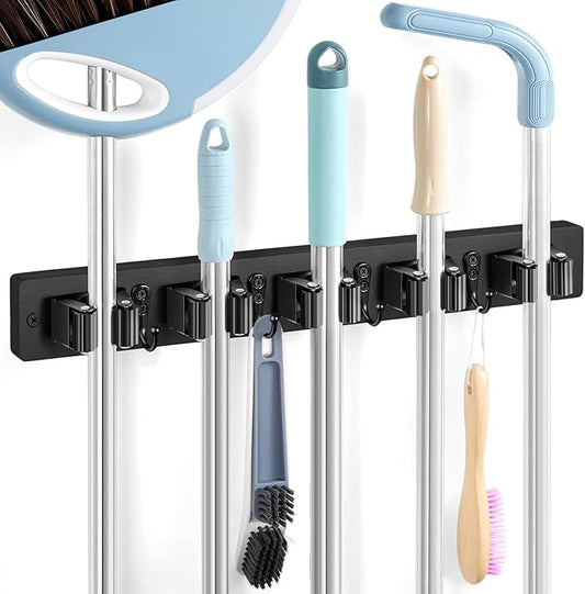 Black Broom Holder Wall Mount - Heavy Duty Wood Mop and Broom Organizer with 5 Slots & 4 Hooks - Sturdy Garden Tool Hanger for Laundry Room Closet Kitchen Garage Storage and Organization