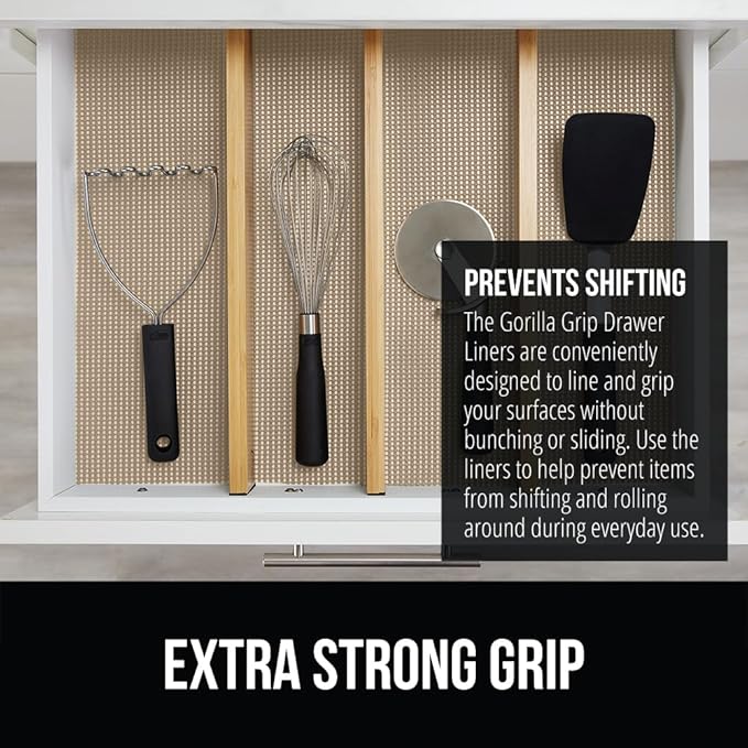 GORILLA GRIP powerGRIP Drawer Shelf and Cabinet Liner, Thick Strong Hold, Non-Adhesive Liners Protect Kitchen Cabinets and Cupboard, Bathroom Drawers, Easy Install, Breathable Mat, 20" x30', Beige