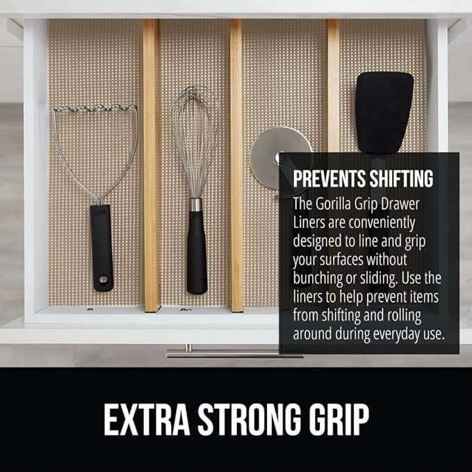 GORILLA GRIP powerGRIP Drawer Shelf and Cabinet Liner, Thick Strong Hold, Non-Adhesive Liners Protect Kitchen Cabinets and Cupboard, Bathroom Drawers, Easy Install, Breathable Mat, 17.5" x30', Beige