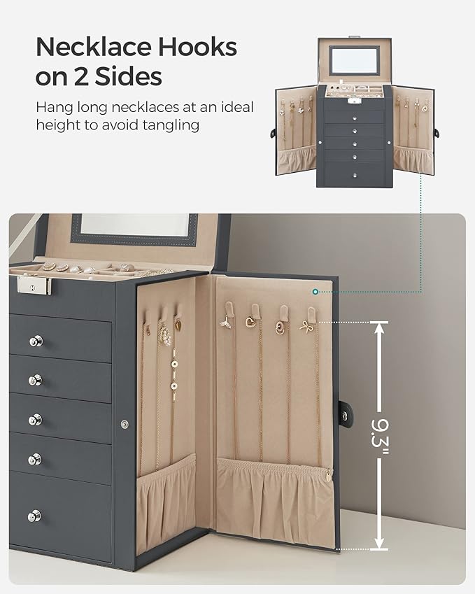 SONGMICS 6-Layer Jewelry Box Organizer with 5 Drawers, Jewelry Storage Case with Lock and Mirror, Large Storage Capacity, Gift for Loved Ones, for Necklaces, Watches, Gray UJBC152G01