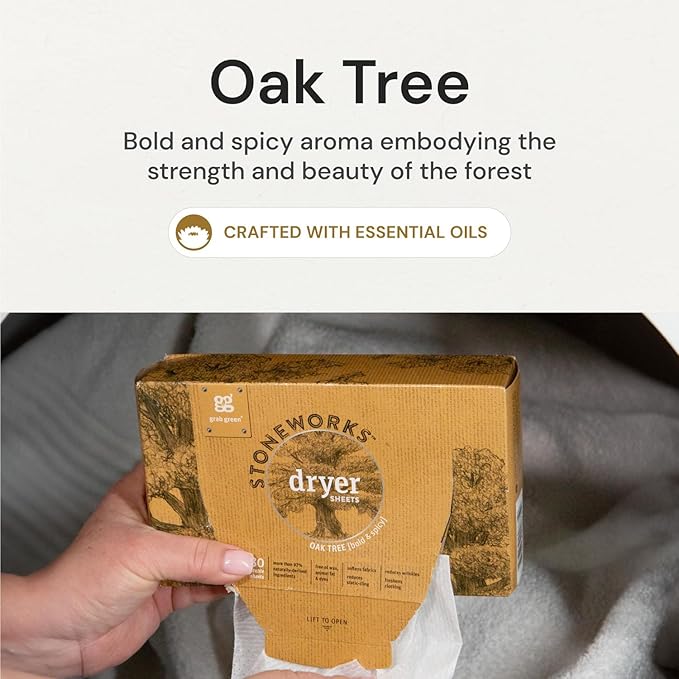 Grab Green Stoneworks Cruelty-Free Dryer Sheets | Softens Fabrics, Freshens Clothing & Reduces Static-Cling and Wrinkles | Plant Based | Oak Tree Scent (80 Sheets) (Pack of 2)