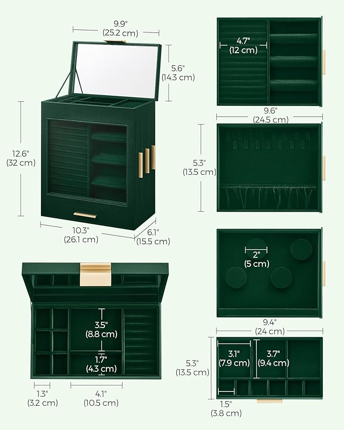 SONGMICS Jewelry Box with Glass Window, 5-Layer Jewelry Organizer with 3 Side Drawers, Jewelry Storage, with Big Mirror, Modern, 6.1 x 10.3 x 12.6 Inches, Forest Green and Metallic Gold UJBC162C01