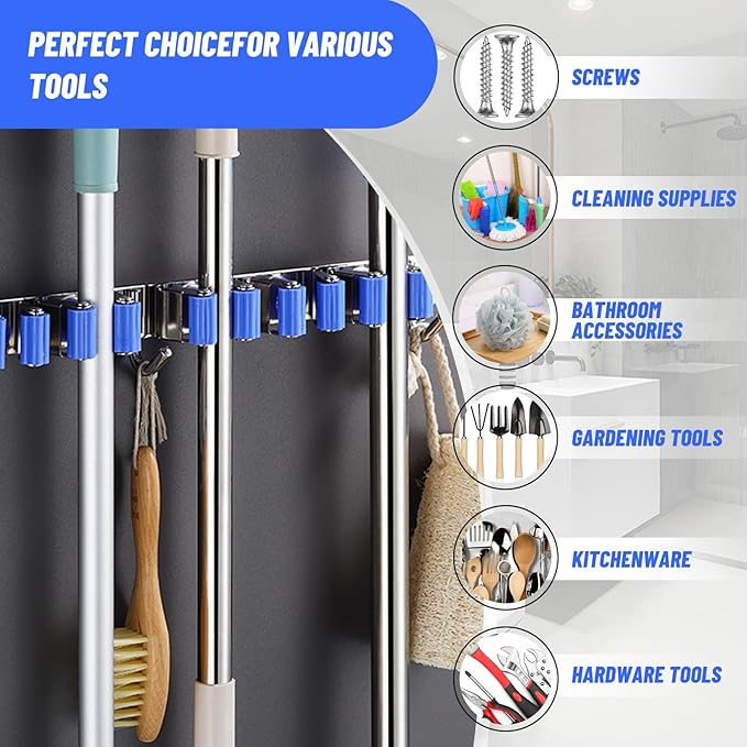 BigKing Mop Broom Holder Wall Mounted,6 Racks 3 Hooks Heavy Duty Stainless Steel Broom and Mop Hangers,Garage Storage Rack & Garden Tool Organizer, Self-adhesive/Screw Drilling