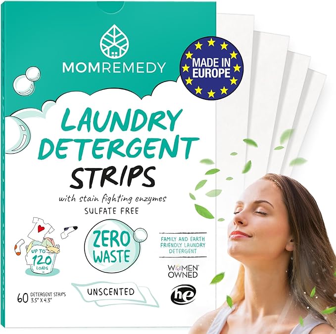 MomRemedy Laundry Detergent Sheets with Powerful Stain Fighting Enzymes - Made in EU, Sulfate Free, Zero Waste Laundry Sheets Detergent in Recyclable Packaging - Travel Friendly 60 Count (Unscented)