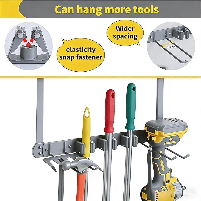 Broom Holder Door Mount,Door Mounted Broom and Mop Holder with Dual Tool Hooks, Three Slots, and One Tool Storage Basket For Laundry Room, Garage, Closet, warehouse, Kitchen Decor (gray)