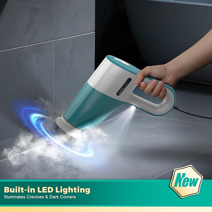 Steam Cleaner with Electric Spin Scrubber, 2-in-1 Pressurized Handheld Steam Cleaner with Detachable Long Handle, Continuous Steam, Chemical-Free Steamer for Cleaning Floor, Tile, Grout, Bathroom&Car