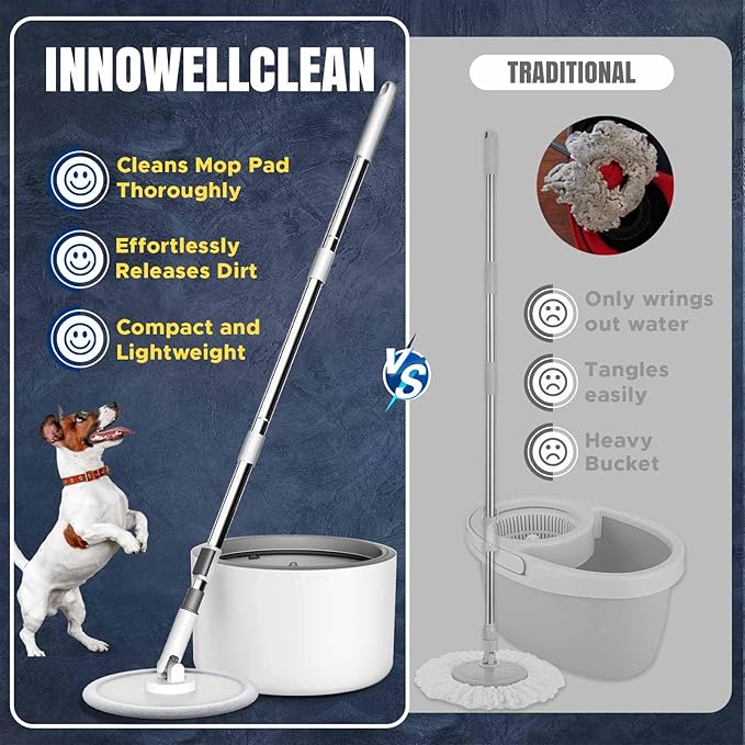 VENETIO Innowellclean Spin Mop and Bucket Set with Water Filtration System | Self-Cleaning, Dry/Wet 3-in-1 Microfiber Mop for Floor Cleaning, Home, Kitchen Hardwood, Laminate (5 Pads & Triangle Head)