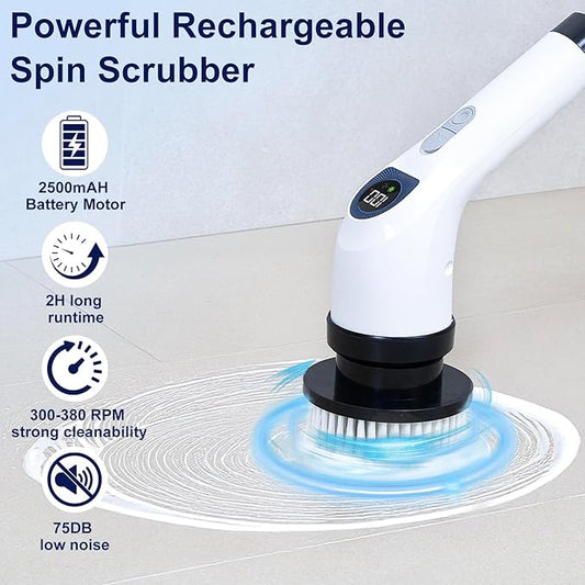 Electric Spin Scrubber for Cleaning, Adjustable Shower Brush with 7 Replaceable Heads & Power LED Display, 2 Speed Waterproof Cordless Shower Scrubber for Bathtub, Kitchen, Car, White