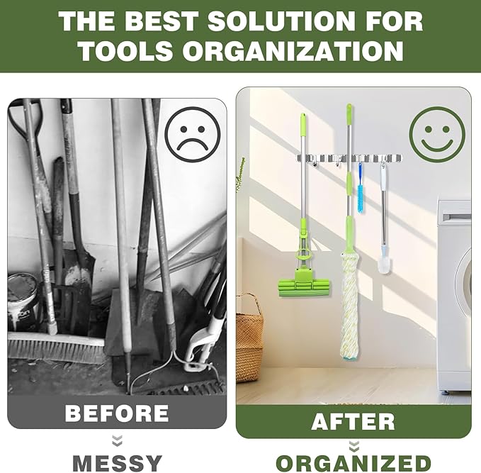 Broom Holder Wall Mount, Broom Organizer Wall Mount Stainless Steel Broom and Mop Hanger Heavy Duty Storage Organization for Home Kitchen Garden Garage Room 5 Racks 4 Hooks (1Pack)(Black Racks)