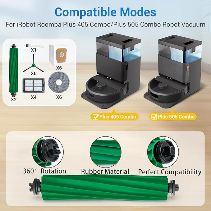Plus 405 Combo Replacement Parts for Roomba Plus 405 Combo Plus 505/ 507Combo Robot Vacuum Cleaner Parts with 2 Roller Brush, 4 HEAP, 6 Mops, 6 Dust Bags, 6 Side Brushes, 1 Clean Brush
