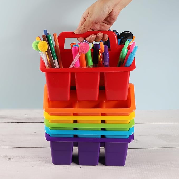 Plastic Caddy With Handle,Protable Classroom Craft Caddy, 6-pack Storage Caddy For Pencil,Pen,Craft Tools (Rainbow Color)