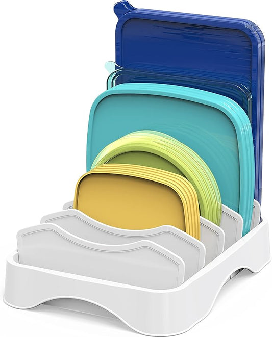 Simple Houseware Food Container Lid Organizer, Adjustable Dividers Lids Storage, 10''x8'', White