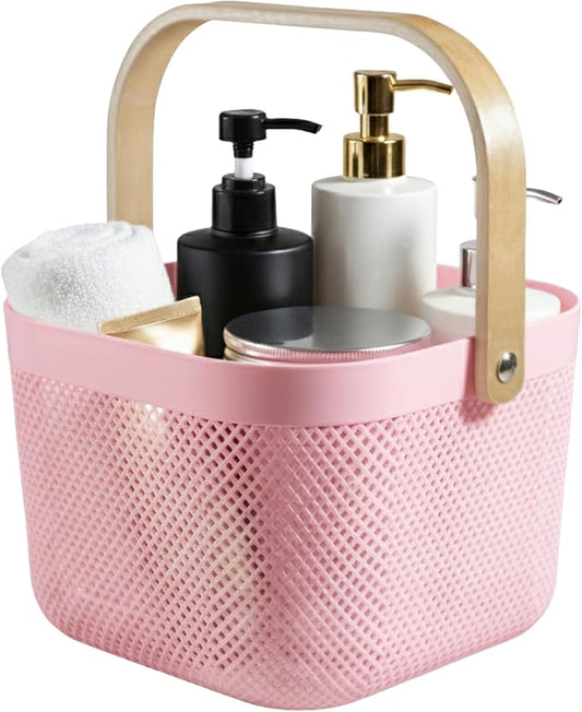 Shower Caddy Portable with Wooden Handle – Plastic Shower Caddy Dorm Basket for Bathroom Storage & Organization, College Essentials (Pastel Pink)