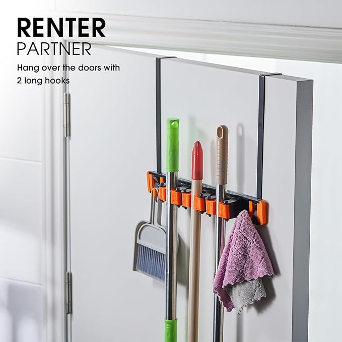 Unjumbly Broom Holder Wall Mount, Drilling Free Mop and Broom Holder with 2 Over Door Hooks, Tool Organizer for Laundry Room, Garage, Kitchen, Closet, Bathroom, Pantry - Orange