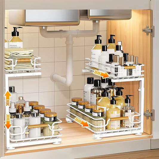 JYPS 2 Pack Under Sink Organizer, 2 Tier Pull out Under Kitchen Bathroom Sink Organizer and Storage, Metal Sliding Drawer for Cabinet Pantry Undersink Organizers Shelf