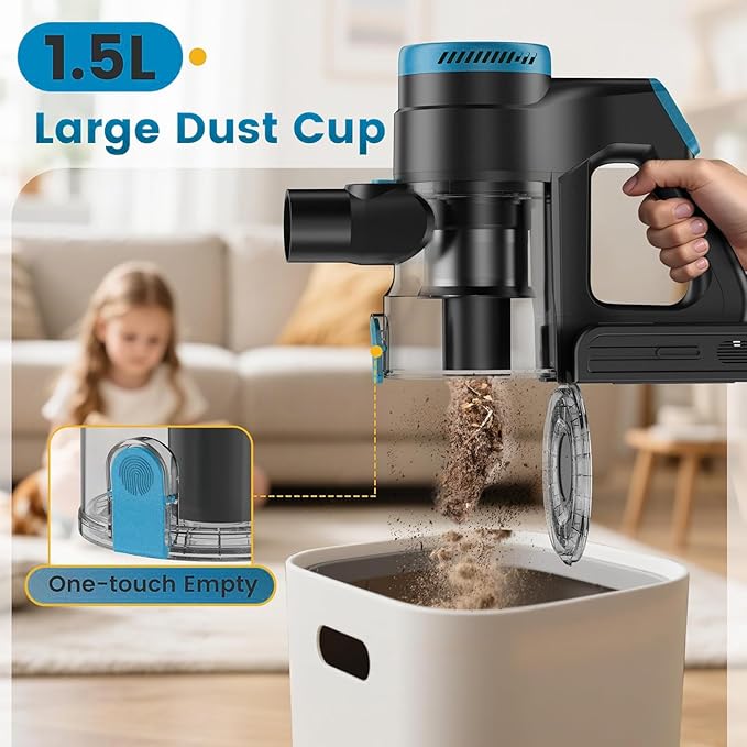 Zefiro Cordless Vacuum Cleaner,45Mins Runtime Stick Vacuum, Anti-Tangle and 1.5L Dust Cup, Lightweight Vacuum for Hardwood Floor Carpet Pet Hair