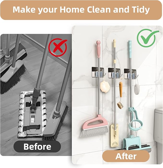 Mop and Broom Rack, Used for Hanging and organizing Tube-Shaped Tools Such as mops and Brooms, with Hooks, Elegantly Releasing Space, Suitable for bathrooms, Kitchens, Offices, etc (Black)