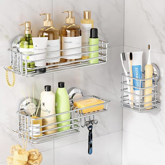 LEVERLOC Shower Caddy Suction Cup, 3 Pack Heavy Duty Bathroom Organizer for Inside Shower with Hooks & Soap Holder, Removable Bathroom Holder