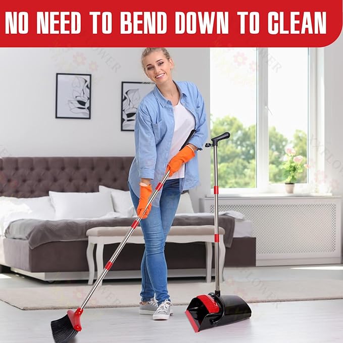 Broom and Dustpan Set with Long Handle, Light Weight Stainless Steel Poles Stand Upright Dustpans with Broom Combo for Home Kitchen Office Pet Dog Hair, Black & Red Color, 1-Pack