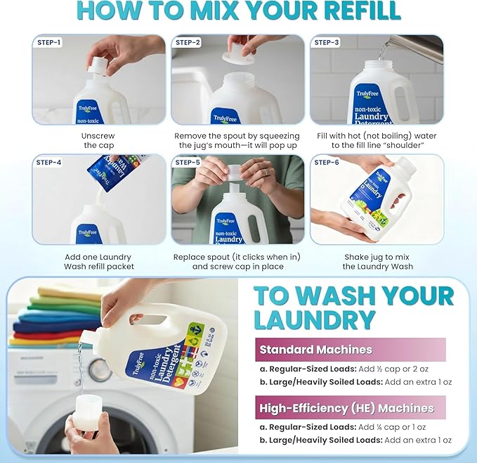 Truly Free Natural Laundry Detergent for Sensitive Skin | Eco Friendly, Plant Based, Baby Clothes Safe | Clean & Easy Powder to Liquid, 5 Pack Detergent + 1 Refillable Jug | Signature Scent 250 Loads