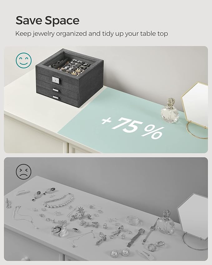 SONGMICS Jewelry Box, Lockable Jewelry Storage Organizer, Jewelry Case with Glass Window, for Rings, Earrings, Studs, Bracelets, Necklaces, Gray UJBC158G01