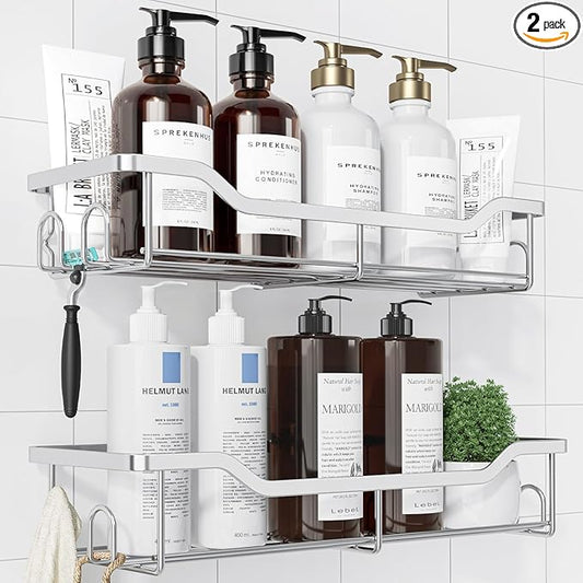 Kitsure Shower Caddy Large - Adhesive Shower Organizer, Stainless Steel Shelf for Inside Shower, No Drill Bathroom Organizers and Storage, Home Decor Accessories, 2 Pack, Sliver