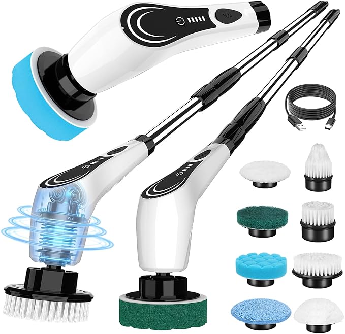 Electric Spin Scrubber, Cordless Power Scrubber with 8 Replaceable Brushs, 2-Speed Adjustable Handle Shower Scrubber, IPX7 Waterproof Cleaning Brush for Bathroom, Tile, Tub, Teens, White-qe1