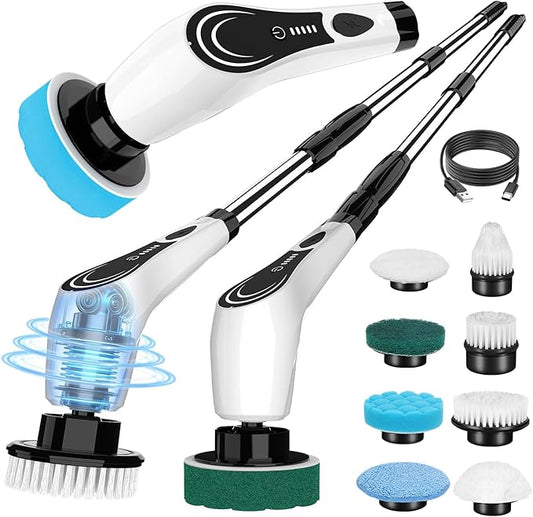 Electric Spin Scrubber, Cordless Power Scrubber with 8 Replaceable Brushs, 2-Speed Adjustable Handle Shower Scrubber, IPX7 Waterproof Cleaning Brush for Bathroom, Tile, Tub, Teens, White-qe1