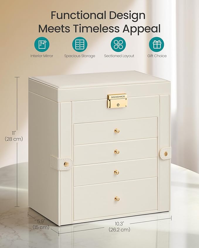 SONGMICS 5-Layer Jewelry Box Organizer with 4 Drawers, Jewelry Storage Case with Lock and Mirror, Large Storage Capacity, Gift for Loved Ones, for Necklaces, Watches, Cream White UJBC153WD01S