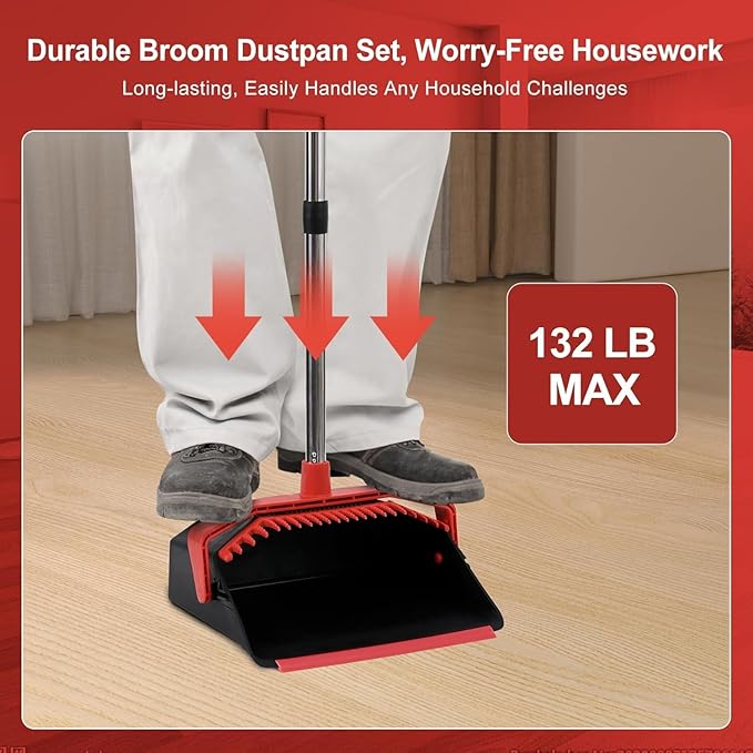 Large Upright Broom and Dustpan, Heavy Duty Dust Pan with 51" Long Handle for Indoor Outdoor Garage Kitchen Room (Black and Red)