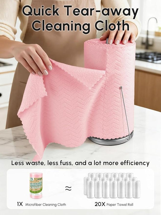 Microfiber Cleaning Cloths Roll, 75 Pack Tear Away Microfiber Towels Roll, 12" x 12" Lint Free Rags, Reusable Cleaning Cloths, Washable, Scratch Free,Ultra Absorbent Dish Rags(Pink Ripple)