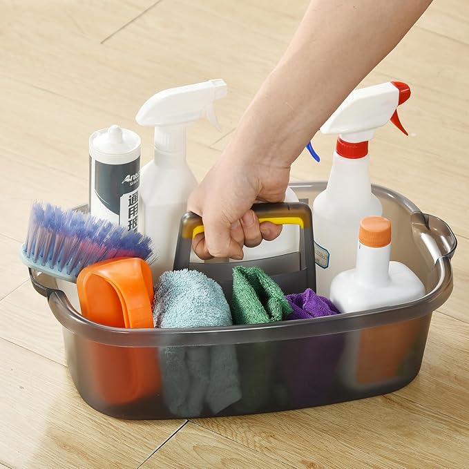 Large Cleaning Caddy with Handle, Cleaning Tool Storage Basket Organizer, Sturdy Pail Bucket Organizer, Household Bucket for Cleaning Supplies - Clear Grey